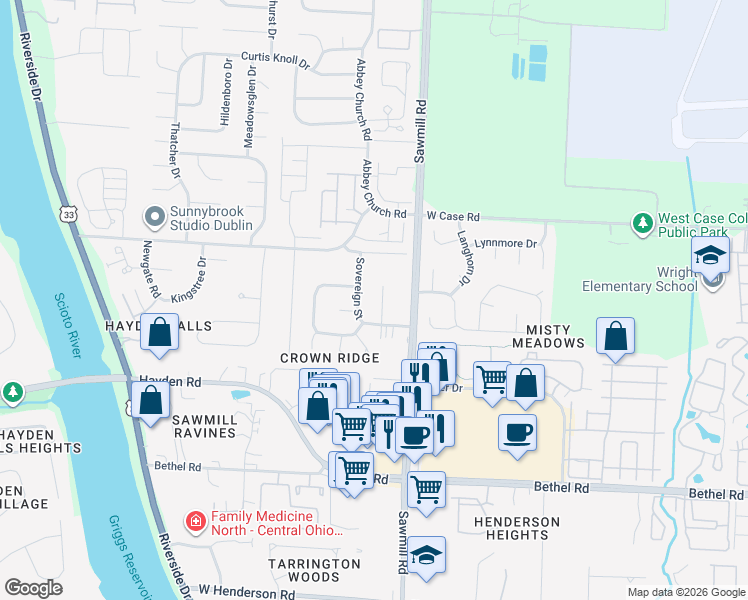 map of restaurants, bars, coffee shops, grocery stores, and more near 5700 Crown Crest Lane in Columbus