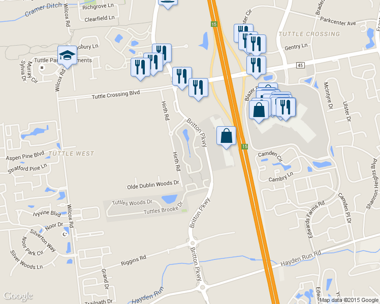 map of restaurants, bars, coffee shops, grocery stores, and more near 4648 Tuttles View Drive in Dublin