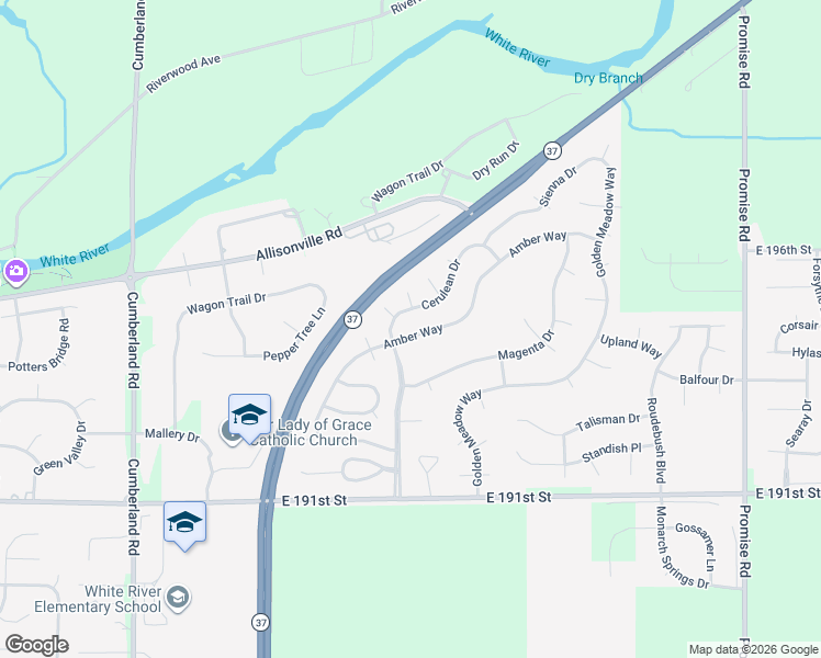 map of restaurants, bars, coffee shops, grocery stores, and more near 19437 Amber Way in Noblesville