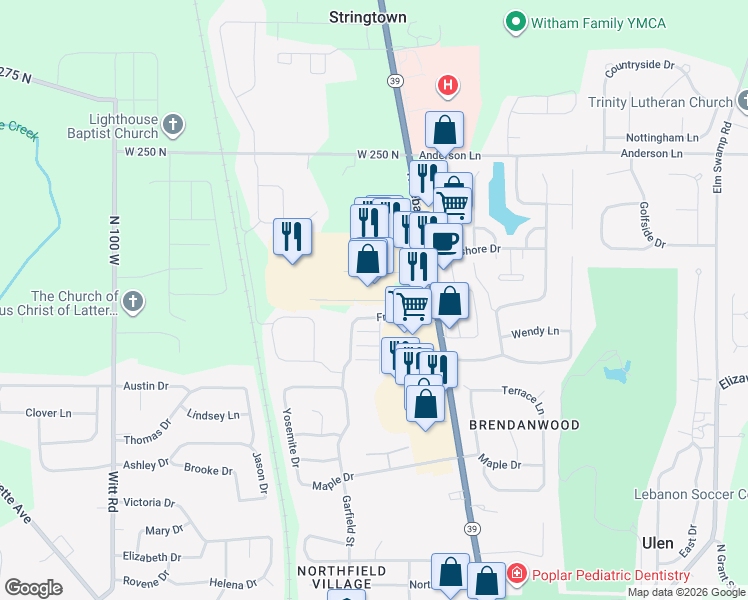 map of restaurants, bars, coffee shops, grocery stores, and more near 2438 North Lebanon Street in Lebanon