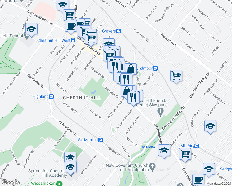 map of restaurants, bars, coffee shops, grocery stores, and more near 8027 Roanoke Street in Philadelphia