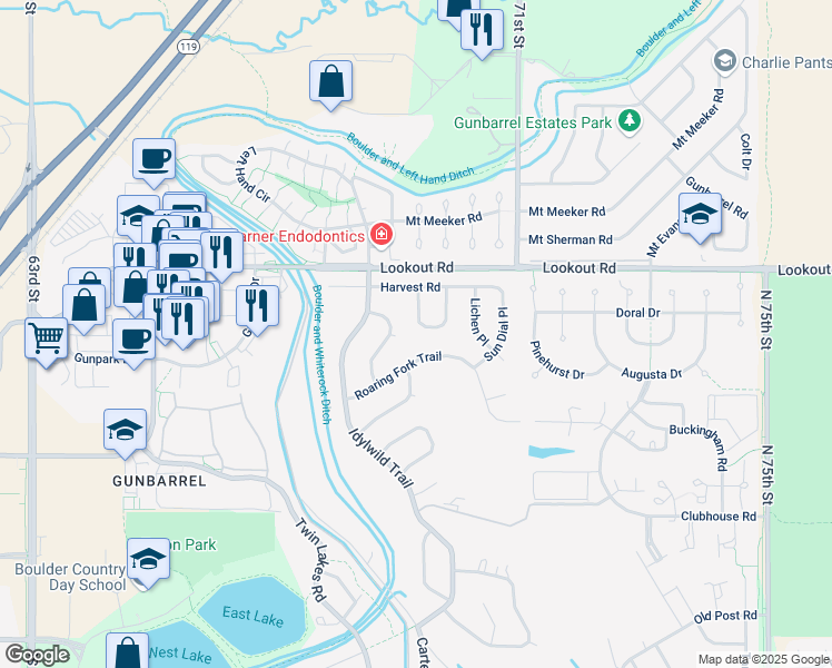 map of restaurants, bars, coffee shops, grocery stores, and more near 6930 Hunter Place in Boulder