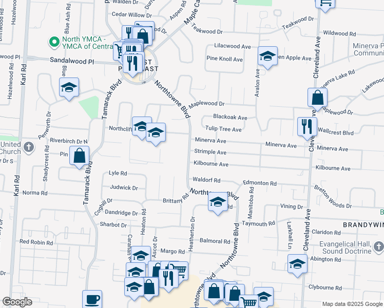 map of restaurants, bars, coffee shops, grocery stores, and more near 4998 Northtowne Boulevard in Columbus