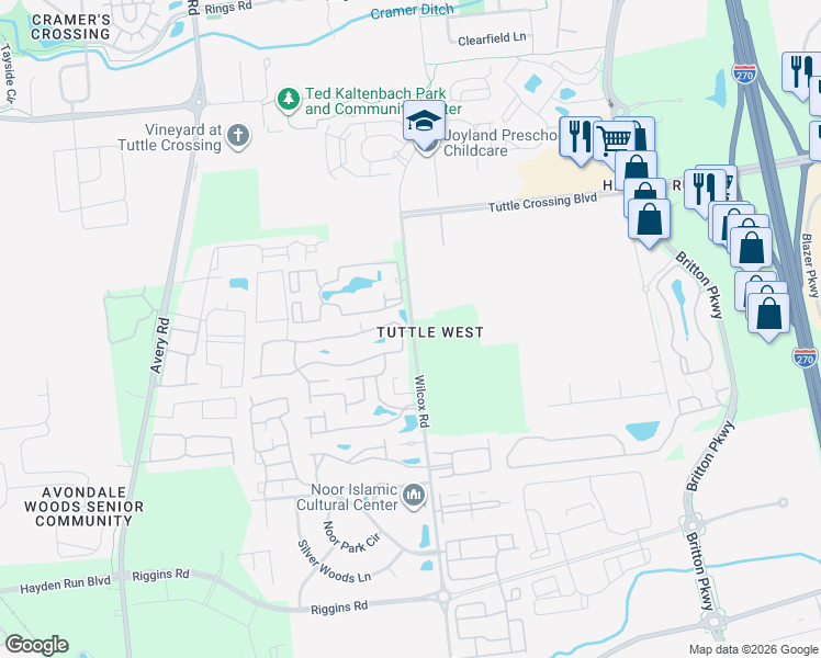 map of restaurants, bars, coffee shops, grocery stores, and more near 4880 Aspen Pine Boulevard in Dublin