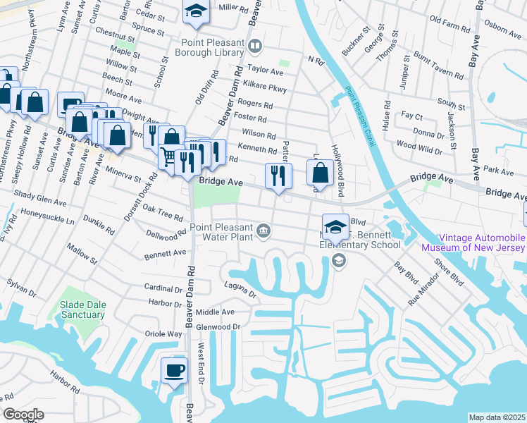 map of restaurants, bars, coffee shops, grocery stores, and more near 2206 Beach Boulevard in Point Pleasant
