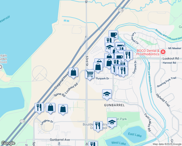 map of restaurants, bars, coffee shops, grocery stores, and more near 6300 Gunpark Dr in Boulder