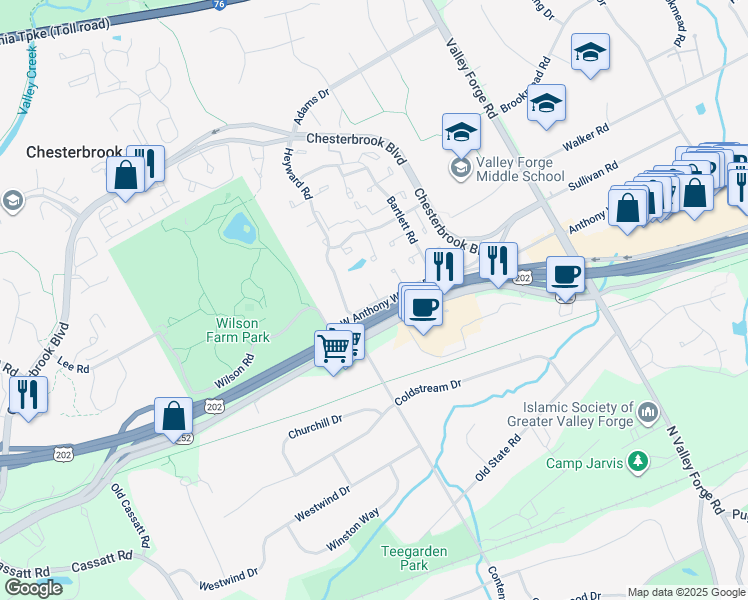 map of restaurants, bars, coffee shops, grocery stores, and more near 22 Le Forge Court in Chesterbrook