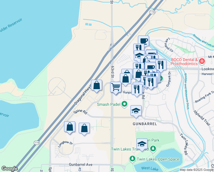 map of restaurants, bars, coffee shops, grocery stores, and more near 5349 Lookout Road in Boulder