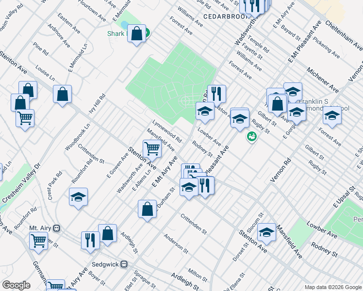 map of restaurants, bars, coffee shops, grocery stores, and more near 8303 Lynnewood Road in Philadelphia