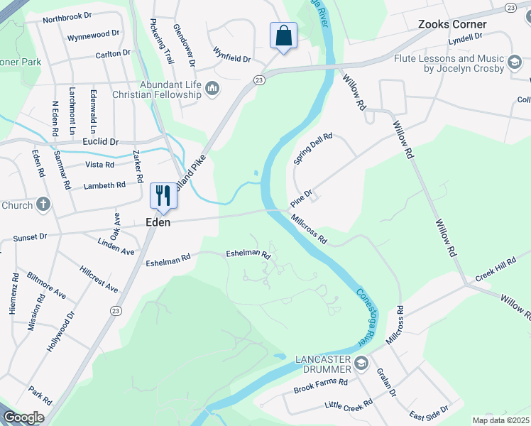 map of restaurants, bars, coffee shops, grocery stores, and more near 1891 Eden Road in Lancaster