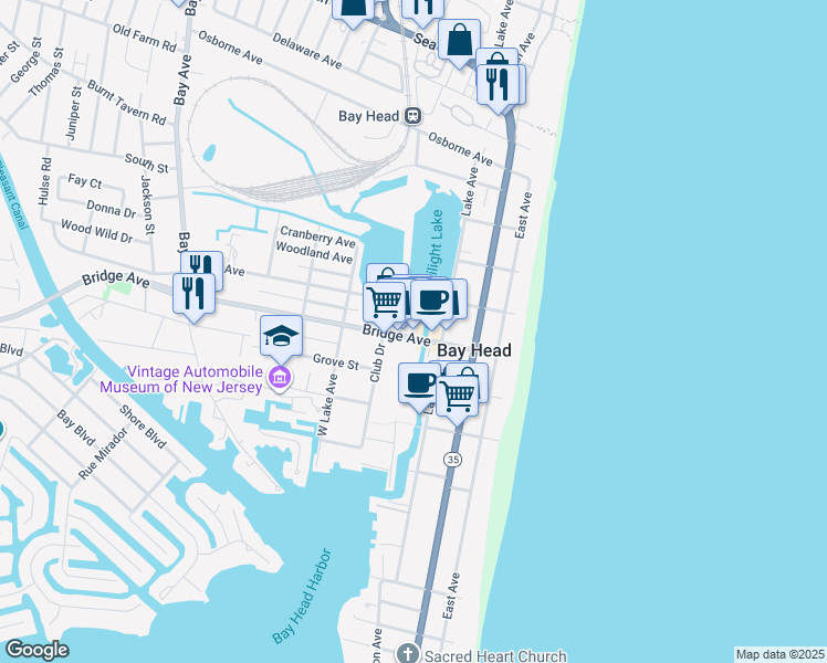 map of restaurants, bars, coffee shops, grocery stores, and more near 80 Bridge Avenue in Bay Head