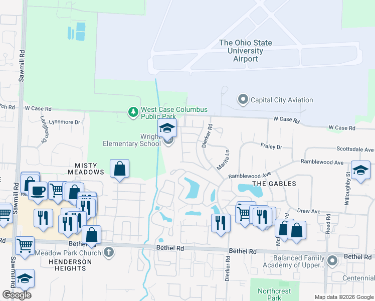 map of restaurants, bars, coffee shops, grocery stores, and more near 5632 Barney Lane in Columbus