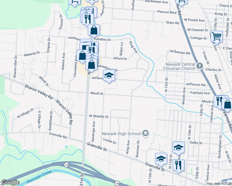 map of restaurants, bars, coffee shops, grocery stores, and more near 432 Moull Street in Newark
