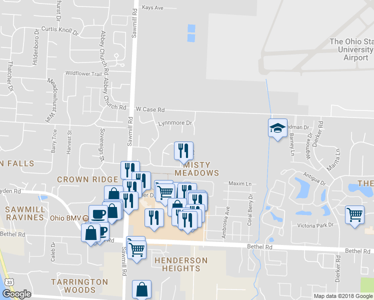 map of restaurants, bars, coffee shops, grocery stores, and more near 5657 Dorsey Drive in Columbus