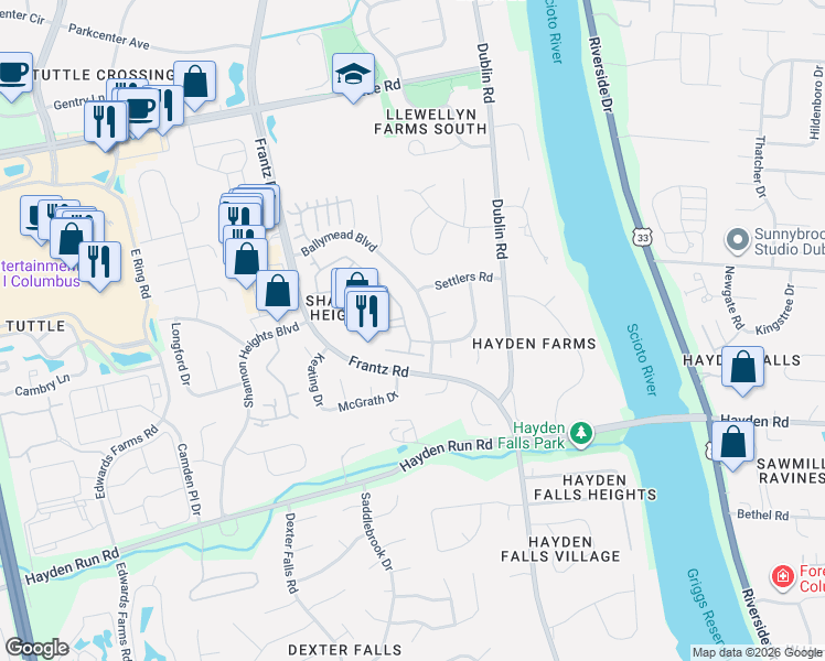 map of restaurants, bars, coffee shops, grocery stores, and more near 5740 Parkbridge Lane in Dublin