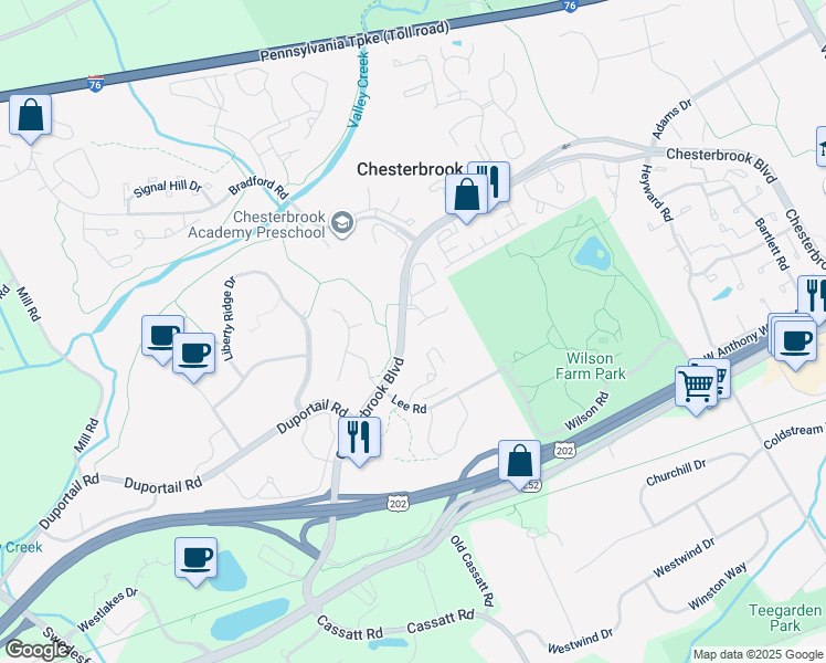 map of restaurants, bars, coffee shops, grocery stores, and more near 45 Flintlock Lane in Chesterbrook
