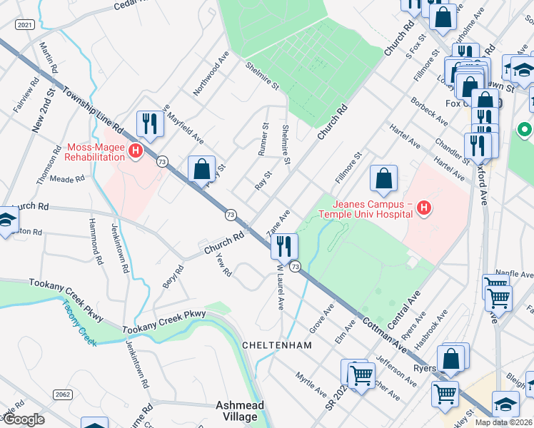 map of restaurants, bars, coffee shops, grocery stores, and more near 127 Church Road in Jenkintown