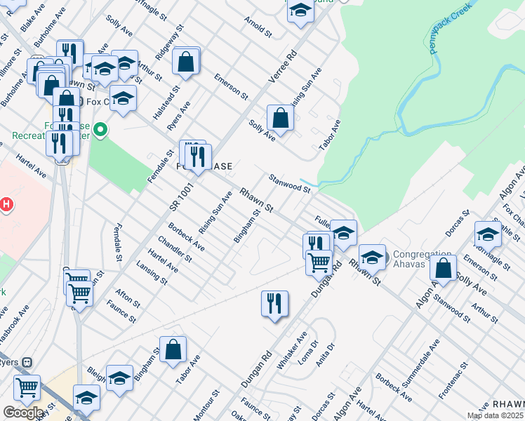 map of restaurants, bars, coffee shops, grocery stores, and more near 1100 Rhawn Street in Philadelphia