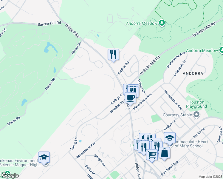 map of restaurants, bars, coffee shops, grocery stores, and more near 9006 Ayrdale Crescent in Philadelphia