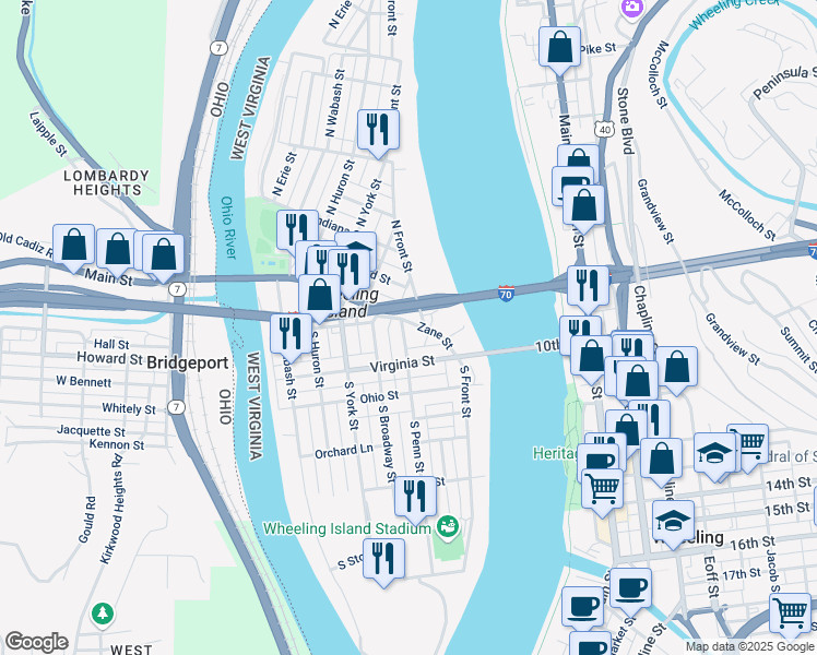 map of restaurants, bars, coffee shops, grocery stores, and more near 40 Zane Street in Wheeling