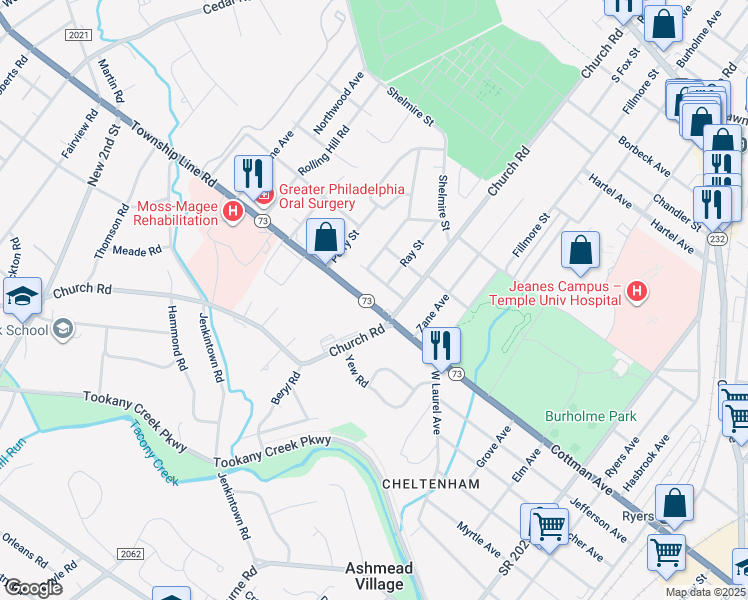 map of restaurants, bars, coffee shops, grocery stores, and more near 233 Township Line Road in Elkins Park