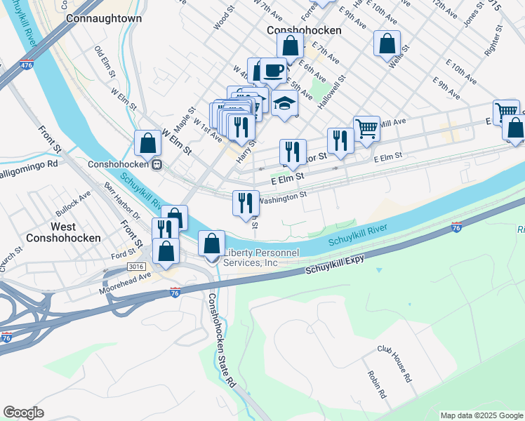 map of restaurants, bars, coffee shops, grocery stores, and more near 20 Ash Street in Conshohocken