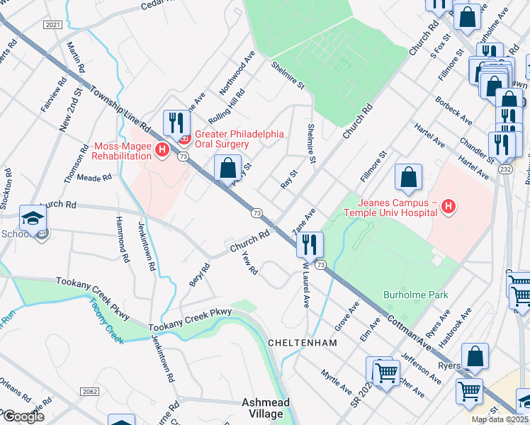 map of restaurants, bars, coffee shops, grocery stores, and more near 233 Township Line Road in Elkins Park