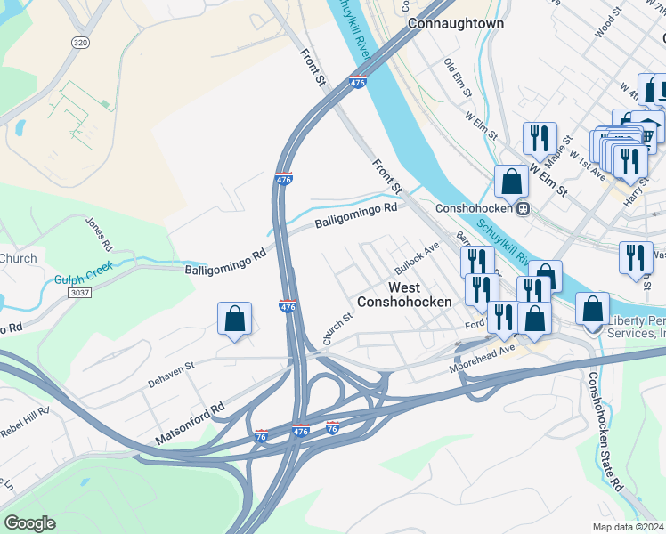 map of restaurants, bars, coffee shops, grocery stores, and more near 524 Stead Street in Conshohocken