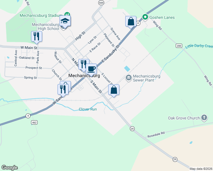 map of restaurants, bars, coffee shops, grocery stores, and more near 36 Oak Street in Mechanicsburg