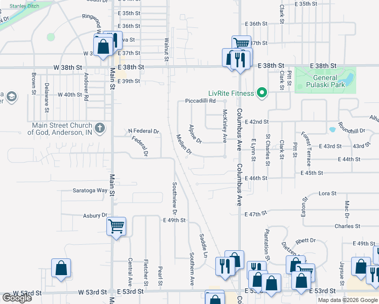 map of restaurants, bars, coffee shops, grocery stores, and more near 4242 Mellen Drive in Anderson