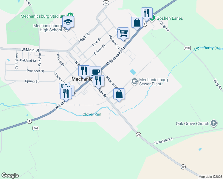 map of restaurants, bars, coffee shops, grocery stores, and more near 36 Oak Street in Mechanicsburg