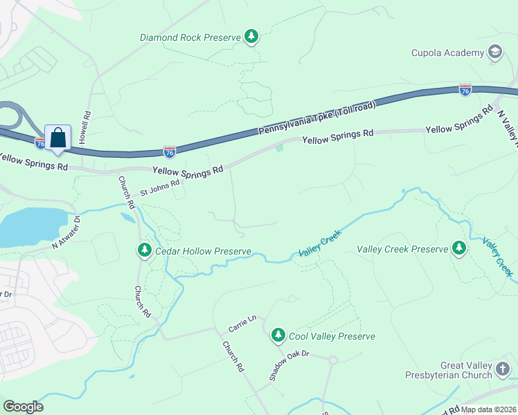 map of restaurants, bars, coffee shops, grocery stores, and more near 1771 Indian Run Road in Malvern