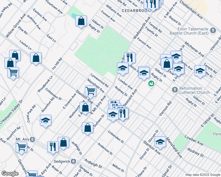 map of restaurants, bars, coffee shops, grocery stores, and more near 1051 E Mt Airy Ave in Philadelphia