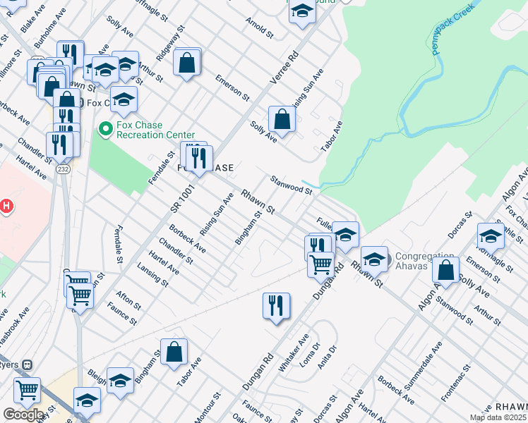 map of restaurants, bars, coffee shops, grocery stores, and more near 1100 Rhawn Street in Philadelphia