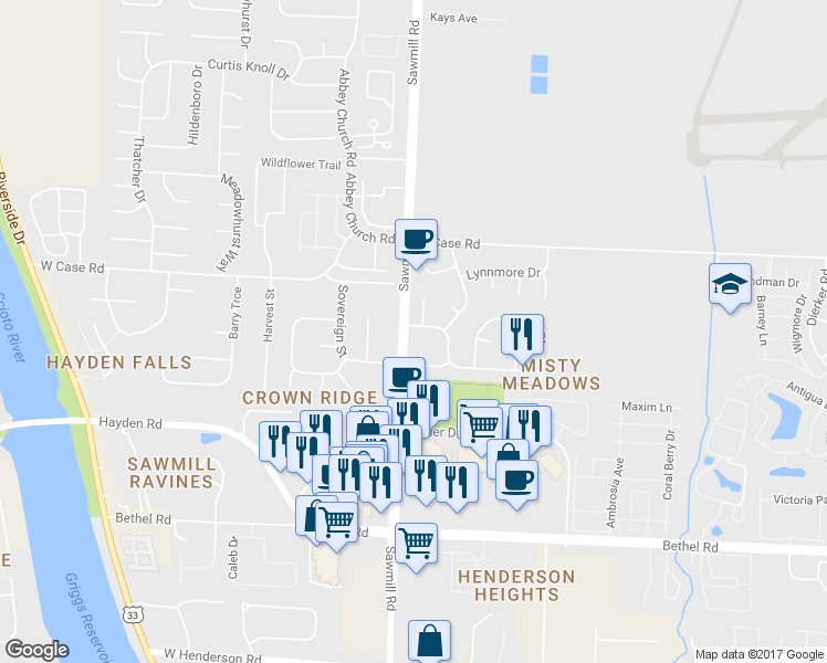 map of restaurants, bars, coffee shops, grocery stores, and more near 2821 Delcane Drive in Columbus