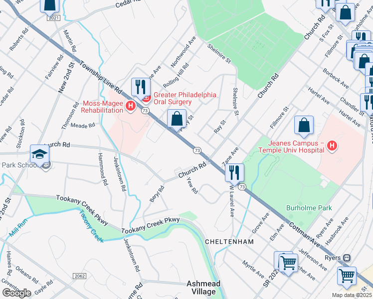 map of restaurants, bars, coffee shops, grocery stores, and more near in Elkins Park