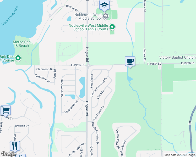 map of restaurants, bars, coffee shops, grocery stores, and more near 19519 Prairie Crossing Drive in Noblesville