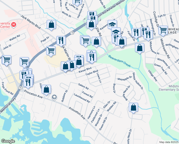 map of restaurants, bars, coffee shops, grocery stores, and more near 116 Taylor Boulevard in Brick Township