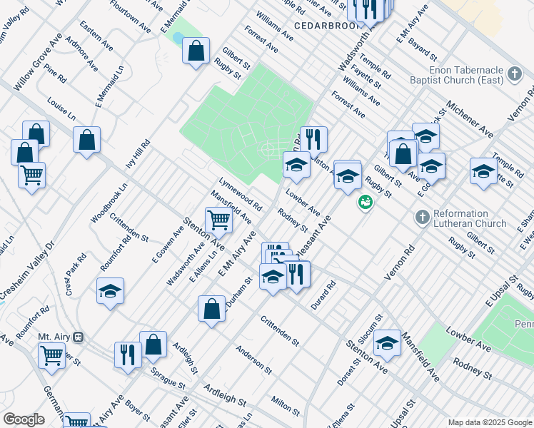map of restaurants, bars, coffee shops, grocery stores, and more near 1051 East Mount Airy Avenue in Philadelphia