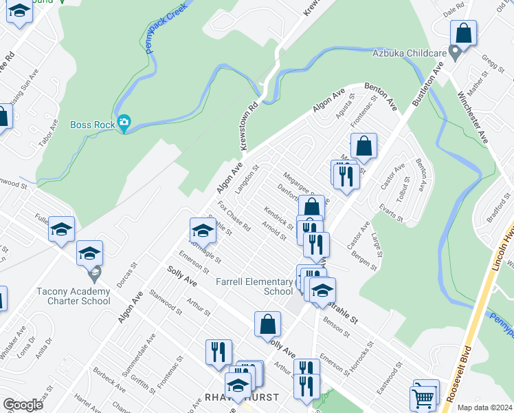map of restaurants, bars, coffee shops, grocery stores, and more near 1708 Kendrick Street in Philadelphia