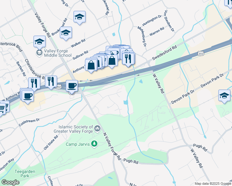 map of restaurants, bars, coffee shops, grocery stores, and more near 169 Old Forge Crossing in Devon