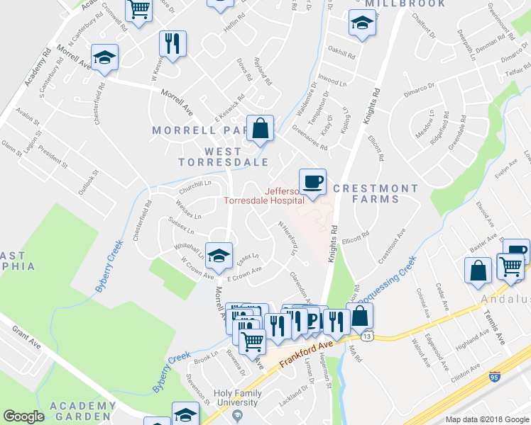 map of restaurants, bars, coffee shops, grocery stores, and more near 3558 Nottingham Lane in Philadelphia