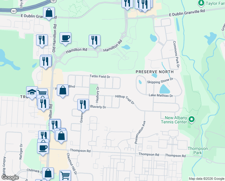 map of restaurants, bars, coffee shops, grocery stores, and more near 6153 Preve Ridge Drive in New Albany