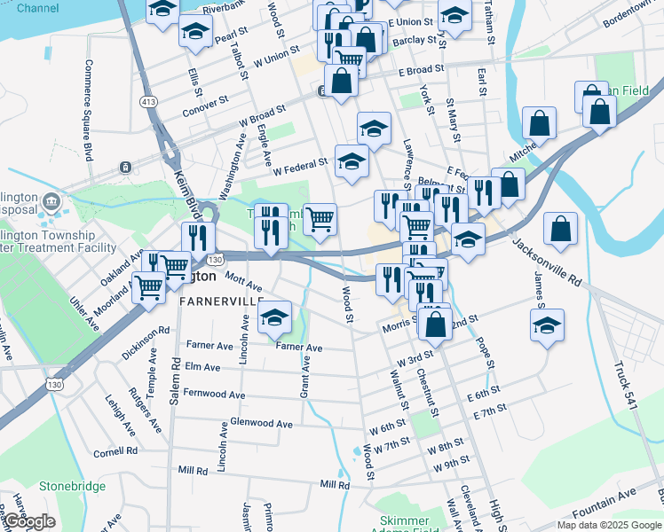 map of restaurants, bars, coffee shops, grocery stores, and more near 124 U.S. 130 in Burlington