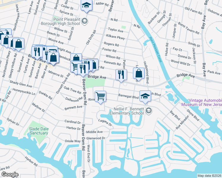 map of restaurants, bars, coffee shops, grocery stores, and more near 2206 Beach Boulevard in Point Pleasant
