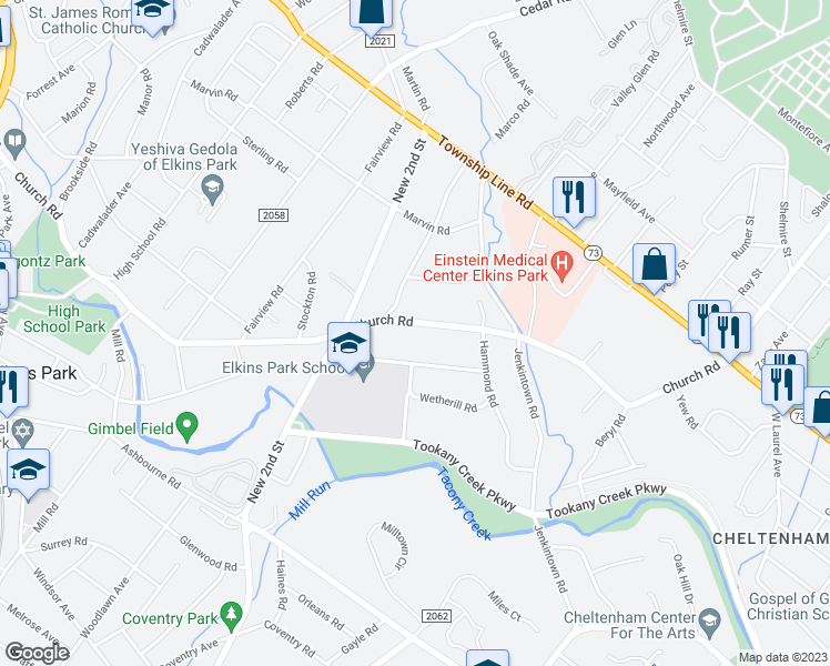 map of restaurants, bars, coffee shops, grocery stores, and more near 136 Church Road in Elkins Park