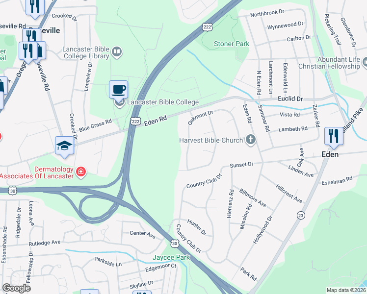 map of restaurants, bars, coffee shops, grocery stores, and more near 1117 Oakmont Dr in Lancaster