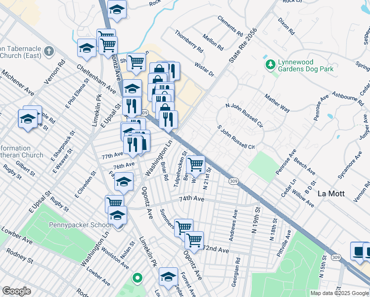 map of restaurants, bars, coffee shops, grocery stores, and more near 2204 West Cheltenham Avenue in Philadelphia