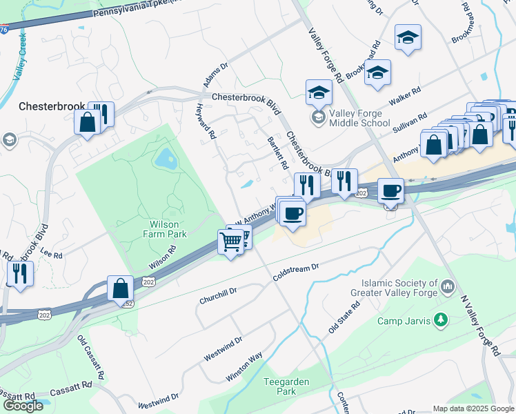 map of restaurants, bars, coffee shops, grocery stores, and more near 34 Le Forge Court in Chesterbrook
