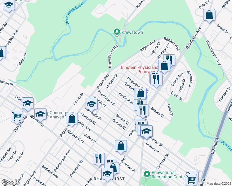map of restaurants, bars, coffee shops, grocery stores, and more near 1708 Kendrick Street in Philadelphia